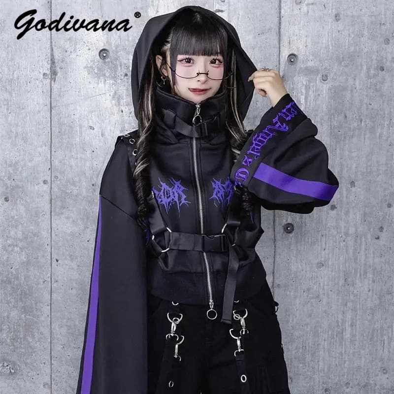 Nuova Felpa con Cappuccio Corta Stile Gotico Harajuku Ricamata con Cerniera per Ragazze - Giacca Funzionale Subculturale Primaverile