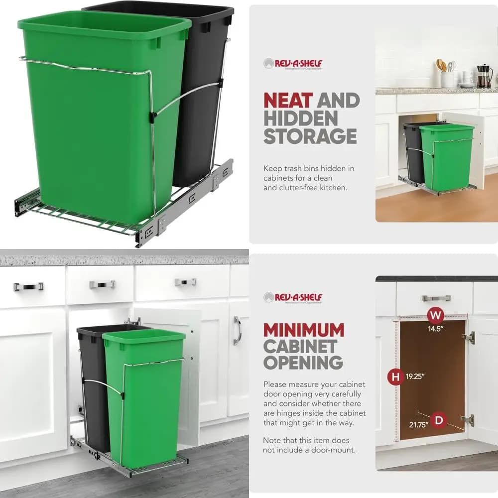 Cestino per Rifiuti a Doppia Cassetta Estraibile, Contenitore per Riciclaggio da Cucina da 35 Quarti con Guide Complete, Verde/Nero