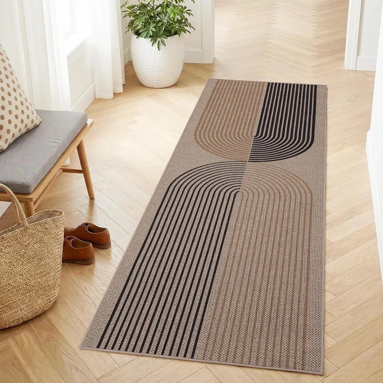 Tappeto Runner Boho Geometrico Antiscivolo, Tappetino Decorativo Lavabile con Motivo Astratto a Linee ad Arco, Tappeto Lungo per Arredamento Corridoio