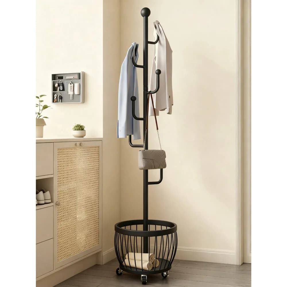 Cesto portaoggetti, appendiabiti autoportante, stand appendiabiti per cappelli, sciarpe, borse e vestiti, appendiabiti moderno S