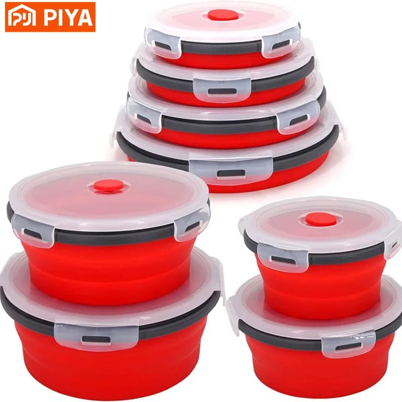 Silicone Folding Lunch Box with Lid Portable Picnic Camping Bowl Set Kitchen Tableware Kit Foldable Fruit Salad Folder Bento Box