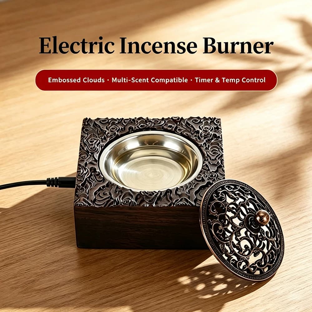 Ebony Wood Auspicious Cloud Electric Incense Burner, Timing Temperature Control Aroma Diffuser for Essential Oil Incense Balm