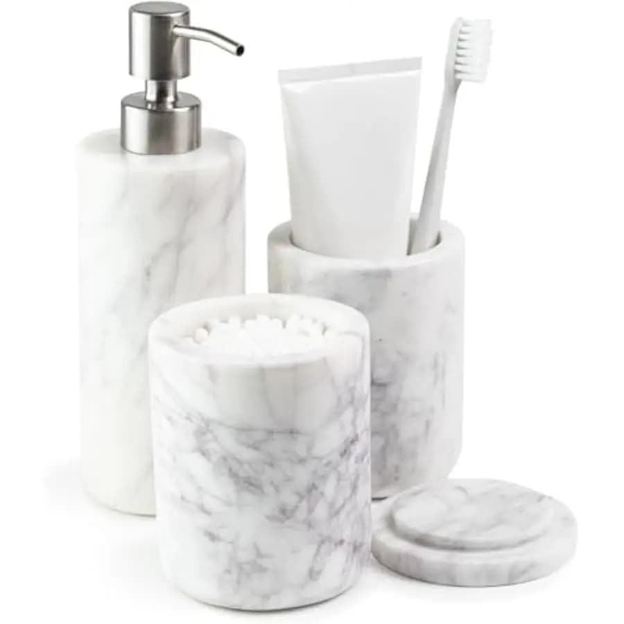 Cork & Mill Marble Bathroom Accessories Set, Solid Natural Marble, Complete Vanity Set with Soap Dispenser, Toothbrush Holder &