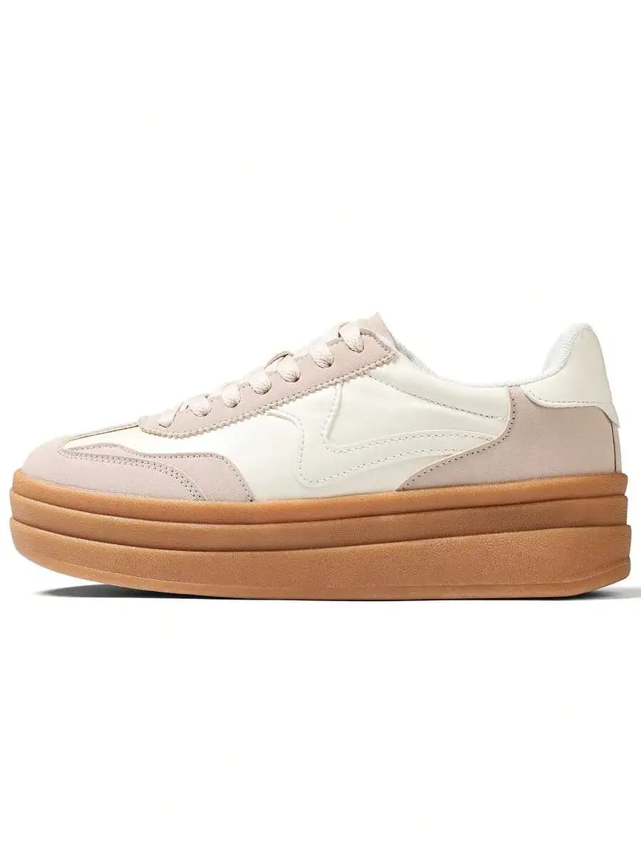 Sneakers con Plateau e Lacci per Donna, Punta Rotonda, Suola Spessa, Scarpe Casual Comode, Rosa Nude