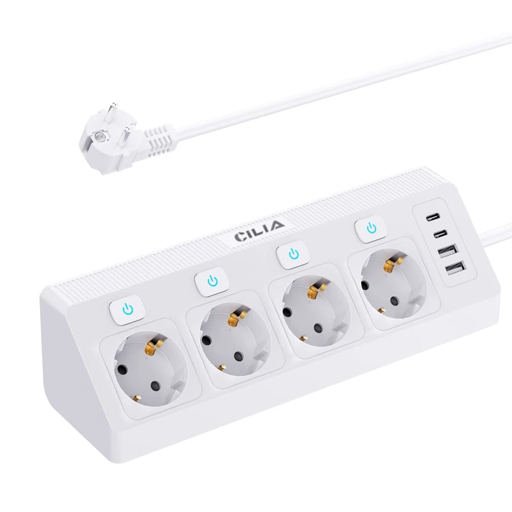 Multipresa con spina UE con 4 prese 4 interruttori 2 USB 2C 1,5 M Linea di estensione Nero/Bianco per ufficio e sala giochi, desktop