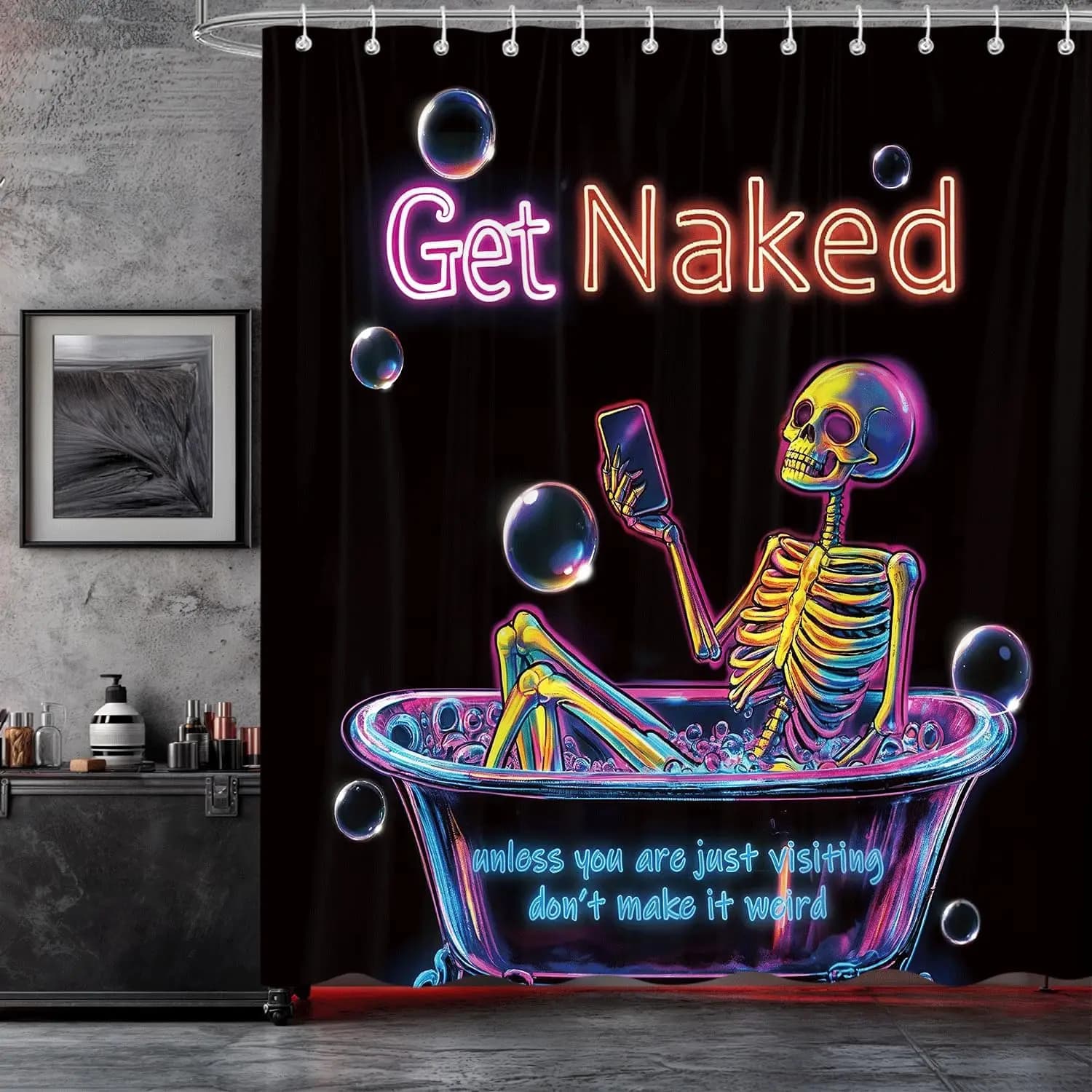 Divertente tenda da doccia di Halloween, tende da bagno con scheletro di teschio gotico nero freddo al neon, divertenti bolle colorate uniche