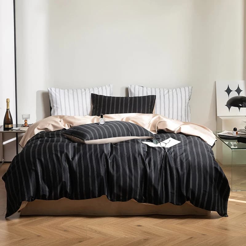 Set biancheria da letto in cotone egiziano a righe semplici Copripiumino Lenzuolo piatto/con angoli Federe 4 pezzi