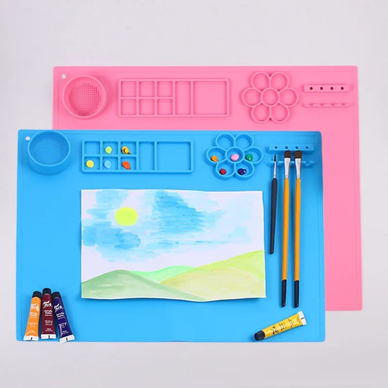 Tappetino per pittura in silicone, tappetino artistico con tazza, facile da pulire, protegge le superfici perfettamente. per vernice, colore, gioca con argilla/impastare