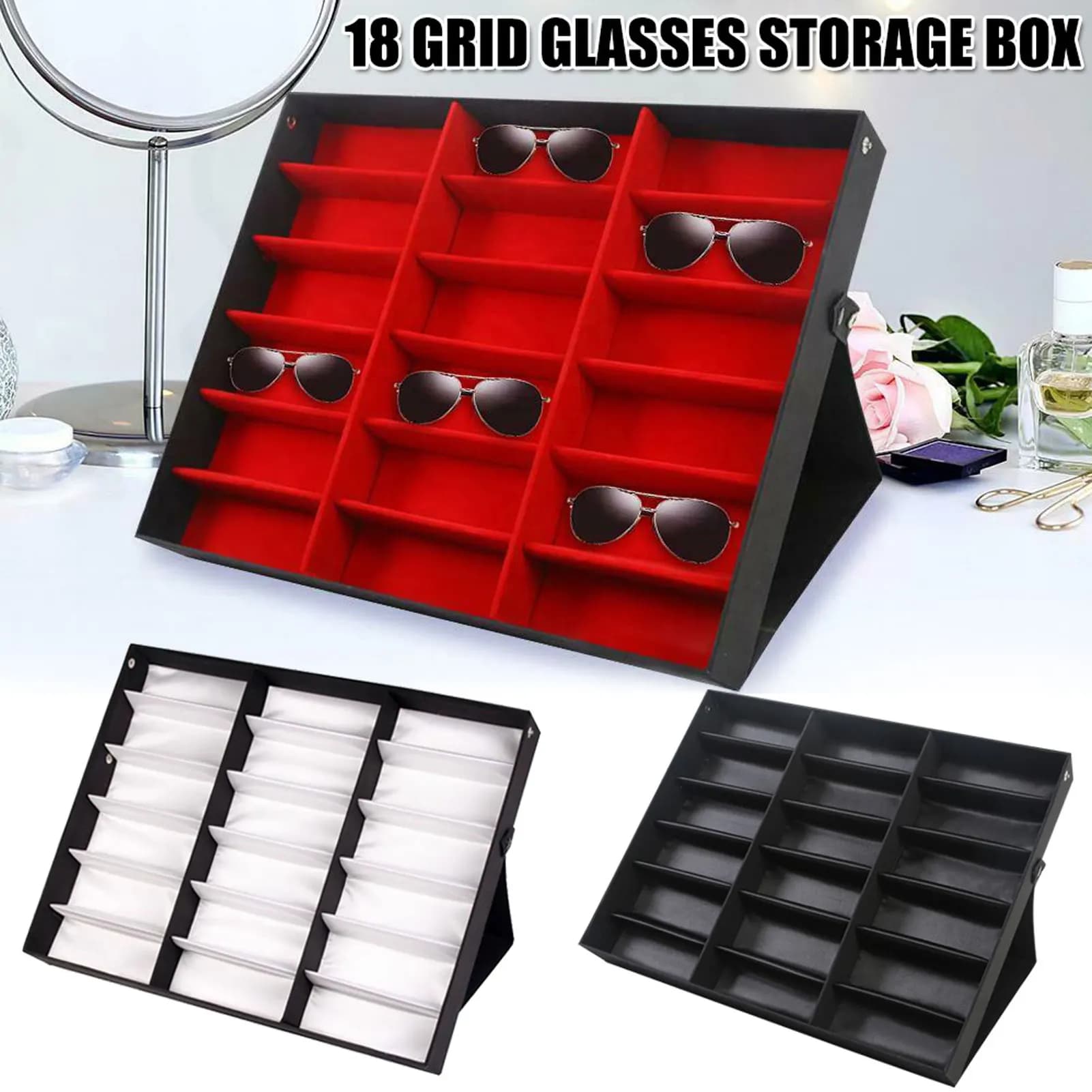 Espositore per occhiali da 18 slot Custodia per occhiali Custodia per occhiali Organizzatore Scatola per occhiali da sole Vassoio Inclinazione Griglia in piedi Scatole per occhiali