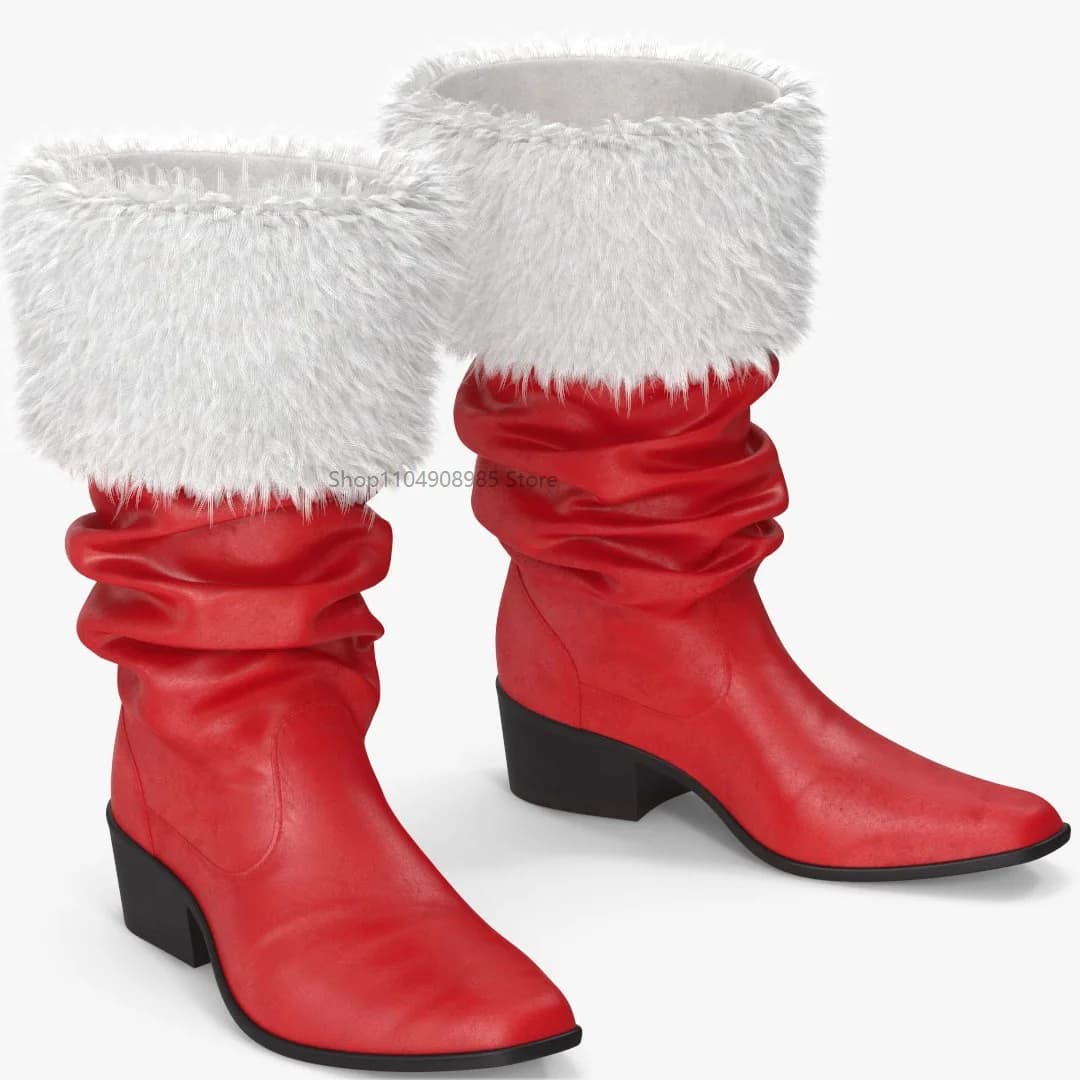 Stivali natalizi da Babbo Natale Cosplay Scarpe in pelle nera Scarpe con polsini in peluche bianchi Halloween Natale adatte per le donne