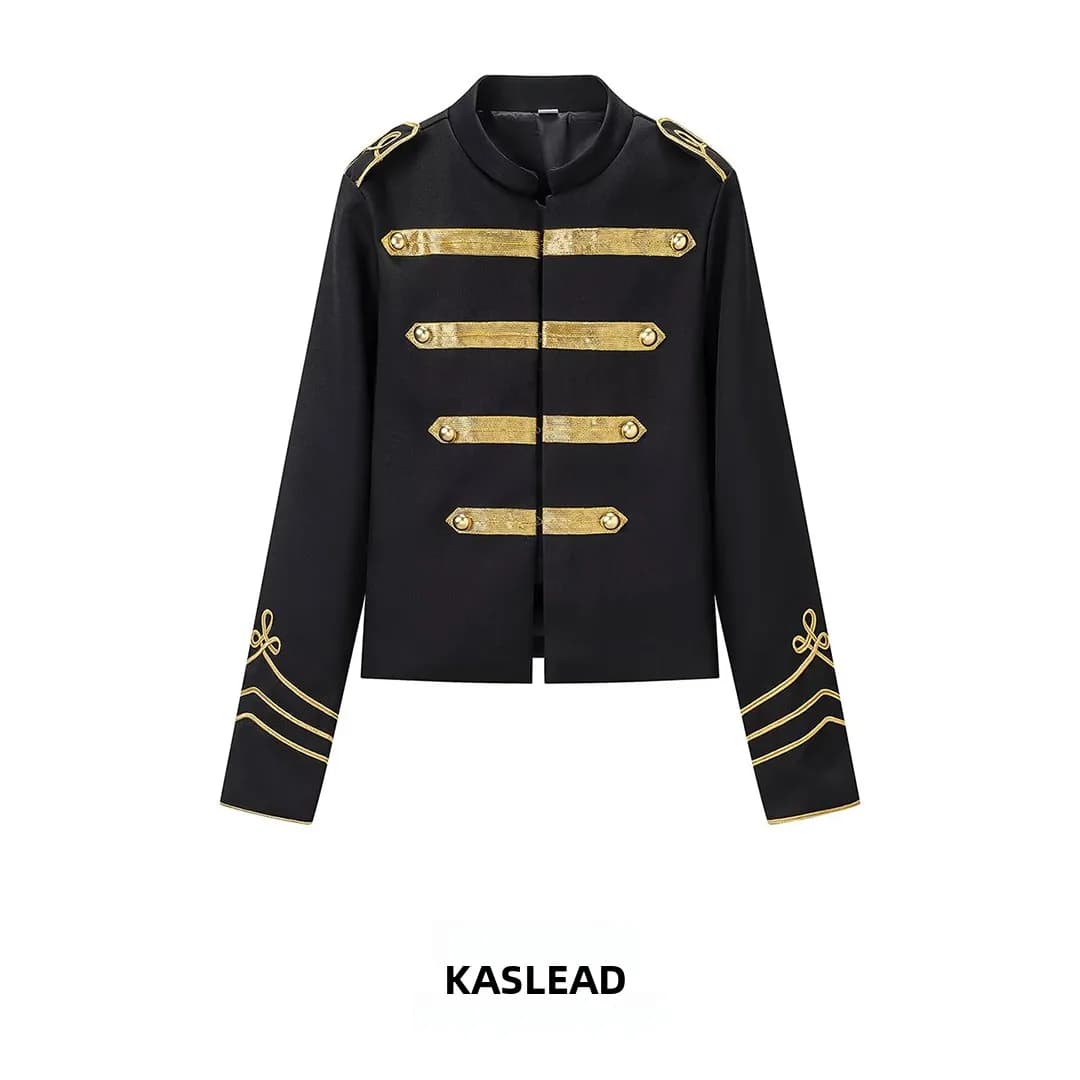 KASLEAD New Fashionable Gold Button Jacket Women's Street Style Short Outerwear Simple Versatile Long Sleeve Polyester Fiber