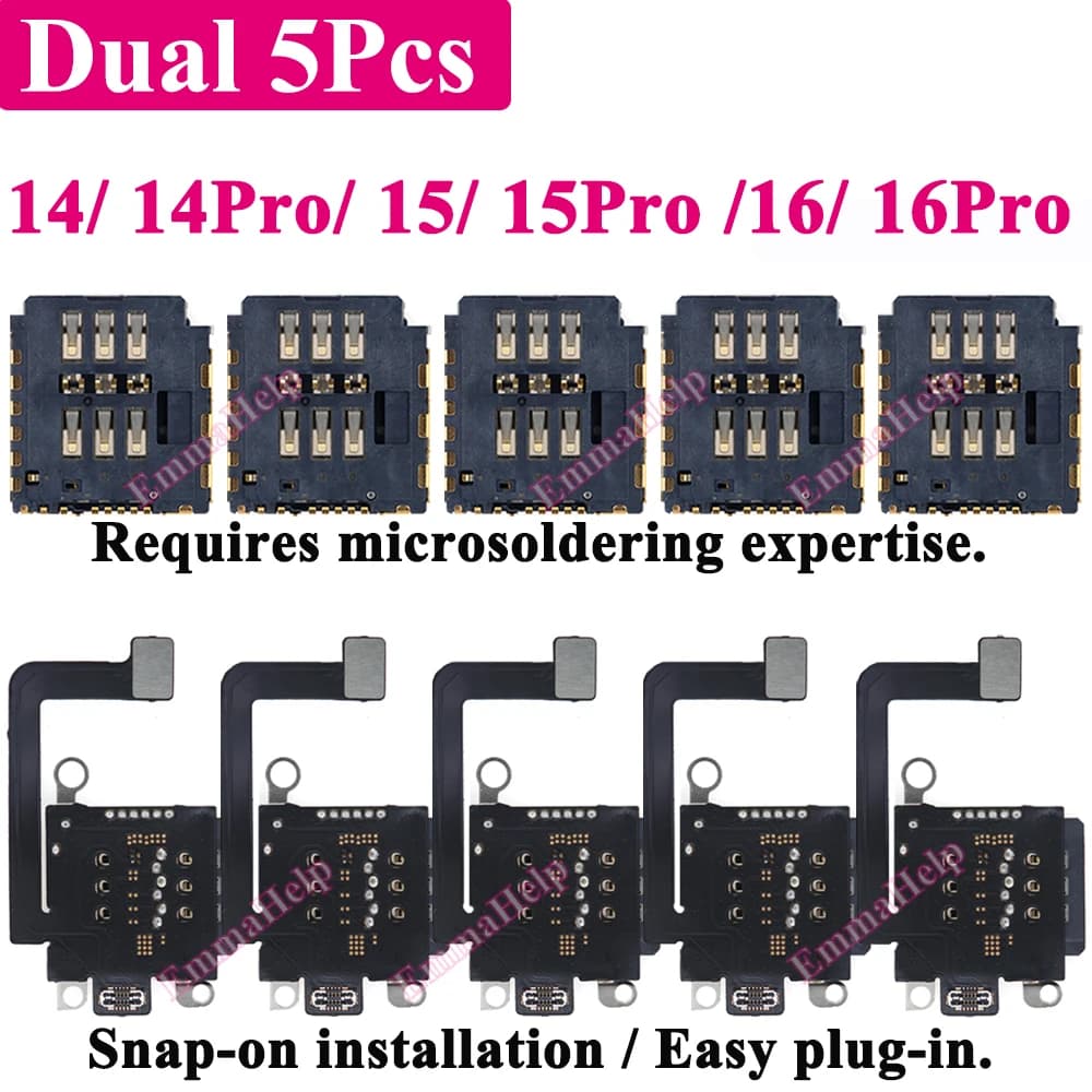 5pcs Dual SIM Card Reader Flex Cable for iPhone 16 15 Plus 14 Pro Max 12 13 11 Inner Tray Slot Socket Adapter