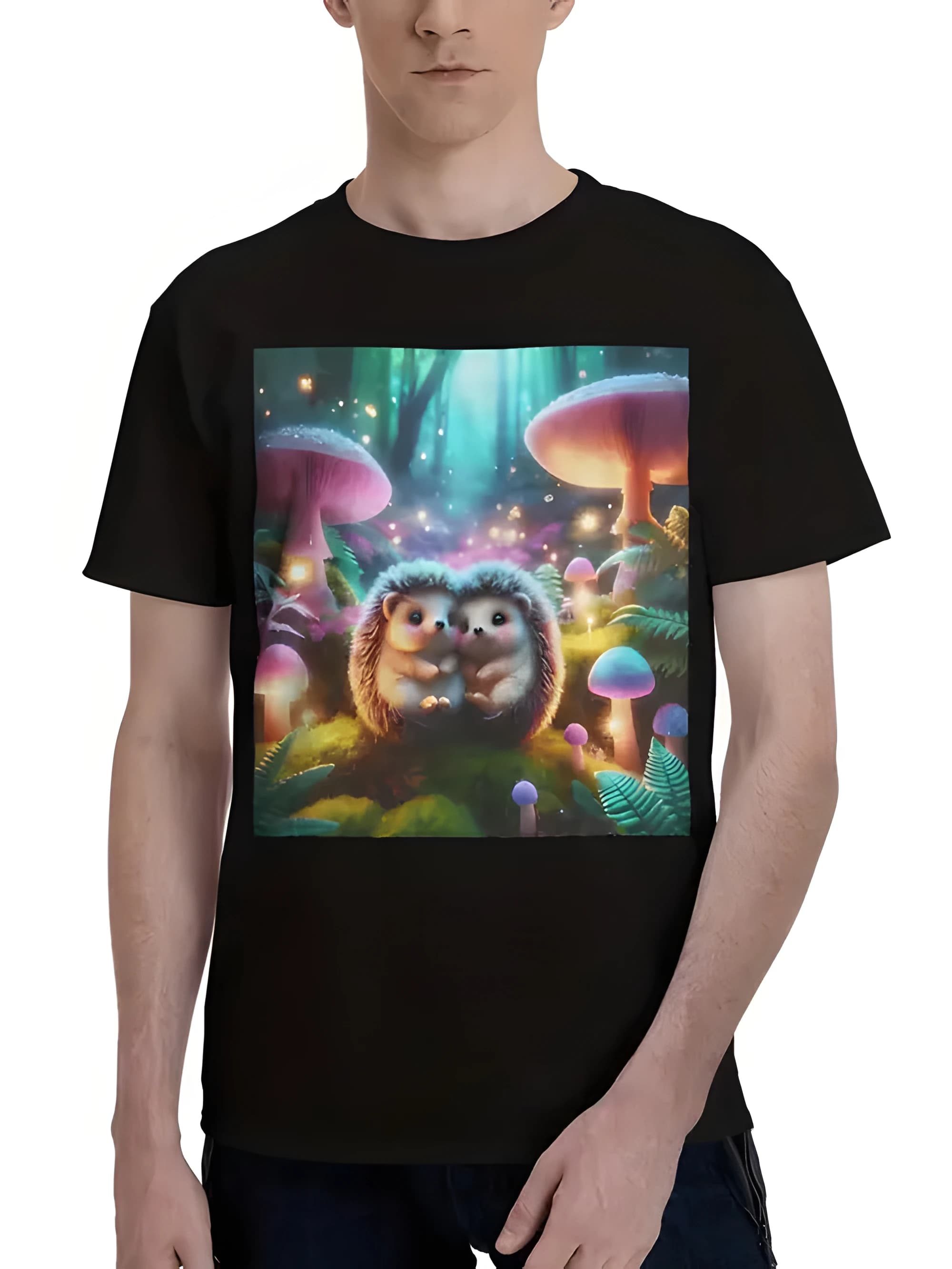 T-shirt da uomo e da donna con simpatici ricciolini che si coccolano nella foresta magica - Design notturno con funghi luminosi e lucciole