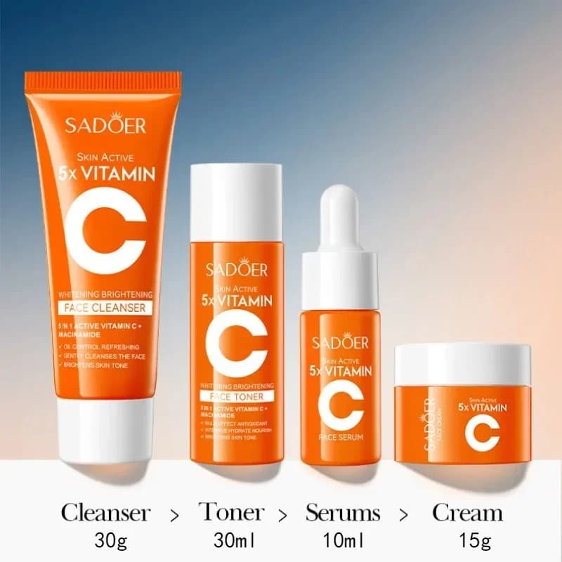 4 pieces 5X hydrating kit vitamin C whitening travel set for skin care cleanser, toner, serum, face cream Christmas gift
