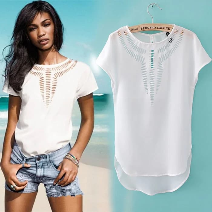 Sweet Style Women's Summer Chiffon Blouse Hollow Carved Design Short Sleeve round Neck Girls T-Shirt Polyester Fiber Straight...