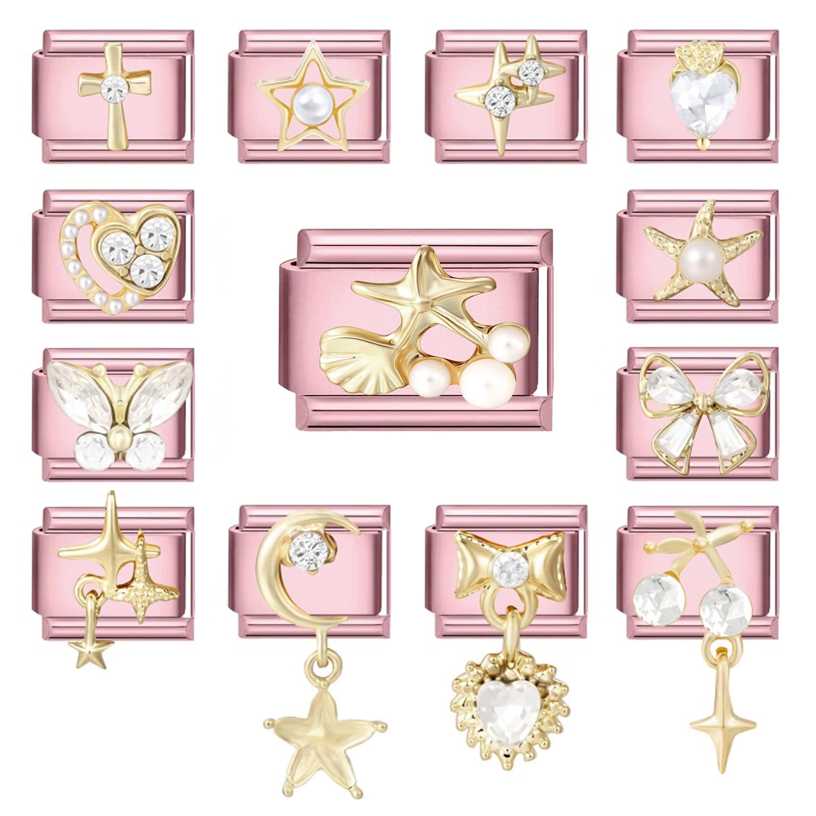 Vintage Glitter Sun Shell Starfish Butterfly Bow Pink Italian Charm Links Fit 9MM Stainless Steel Bracelet Girls DIY Making Gift