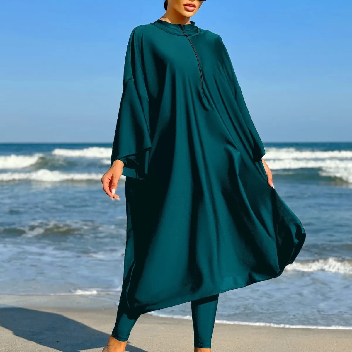 New Modest Muslim Burkini 2‑Pcs Swimsuit Batwing Sleeve Loose Kaftan Dress Pants Swim Cap Conservative Full Cover Beach Swimwear