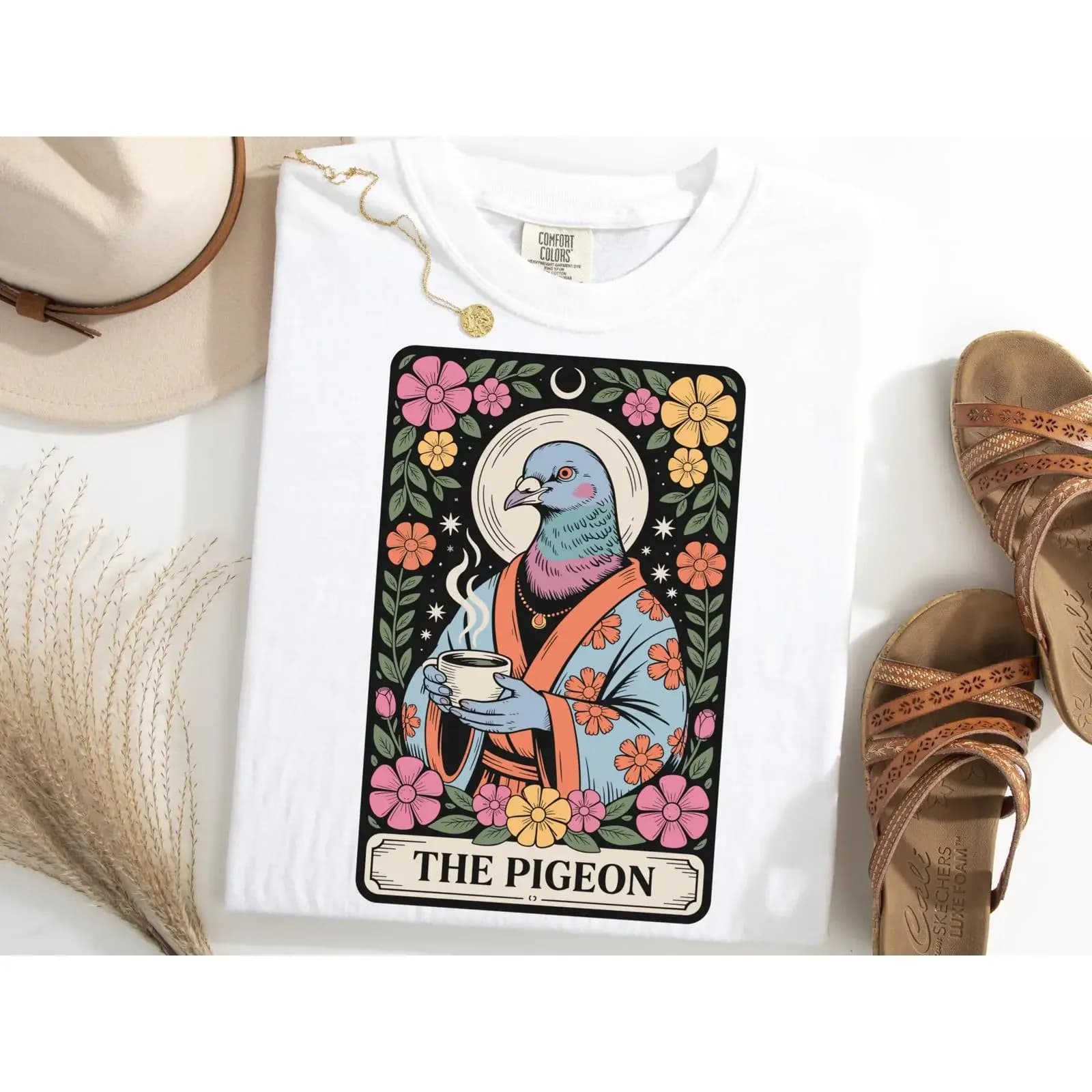 Divertente T-shirt con stampa di carte dei Tarocchi a tema piccione, mistica, spirituale, con stampa floreale, casual, con animali da fattoria, vintage, effetto lavato, elasticizzata