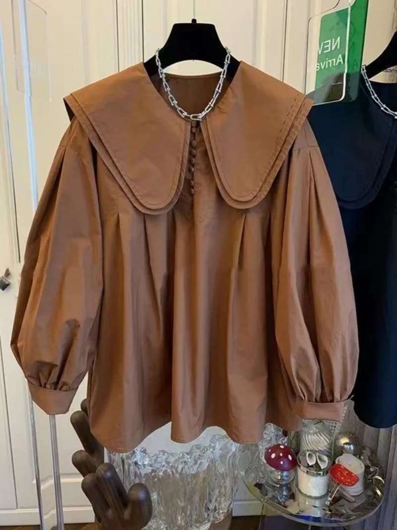 Doppio colletto alla Peter Pan Coreano Allentato Donna top Camicie Camicie con maniche a lanterna Giacca Primavera Estate Camicetta casual Ragazze Nuovo 2025