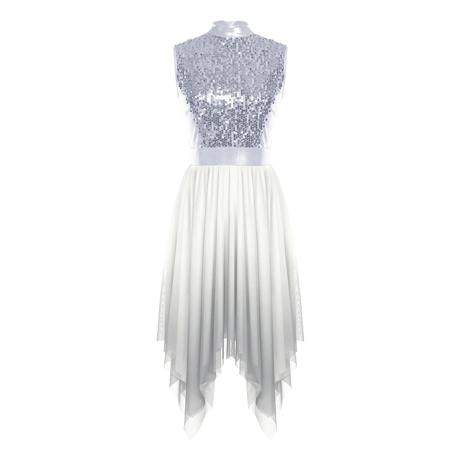 Adults Ice Skating Costumes Womens Sheer Mesh Ballet Dress Gymnastics Leotard Shiny Rhinestone Lyrical Figure Skating Dress