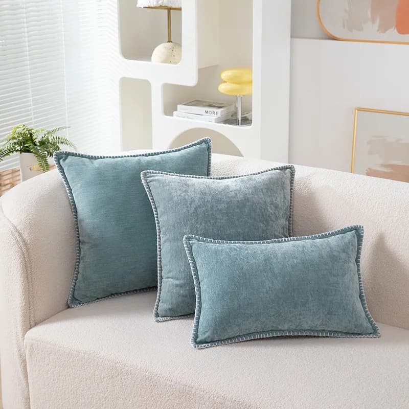 Federa per cuscino in ciniglia blu tinta unita Federa lombare di lusso per divano letto Fodera per cuscino con bordo cucito per la casa