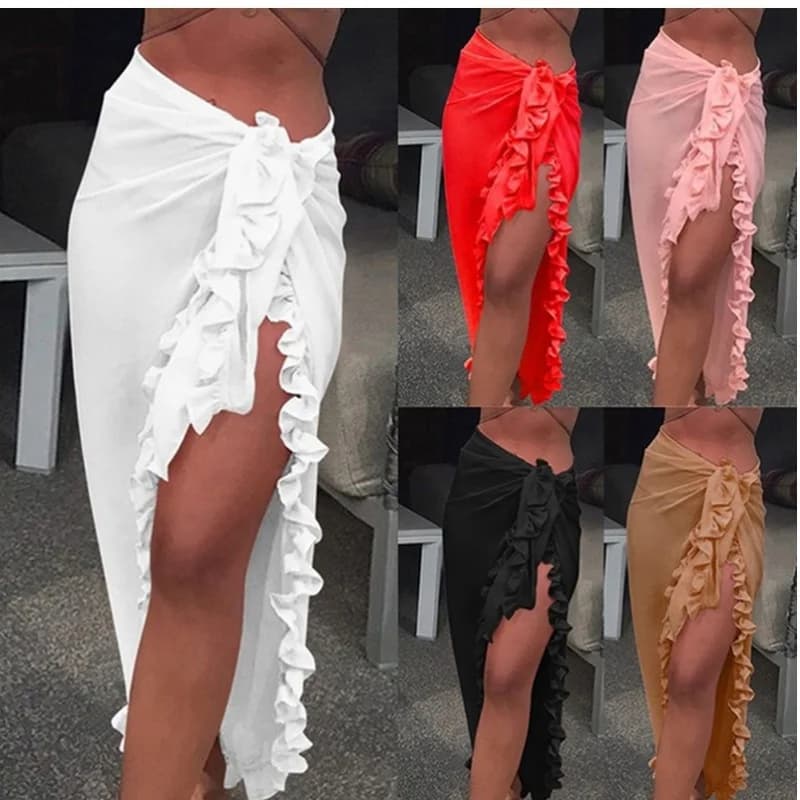 Women's Ruffled Beach Wrap Skirt Sexy High Split Bikini Cover Up Sheer Swimsuit Vacation Maxi Skirt