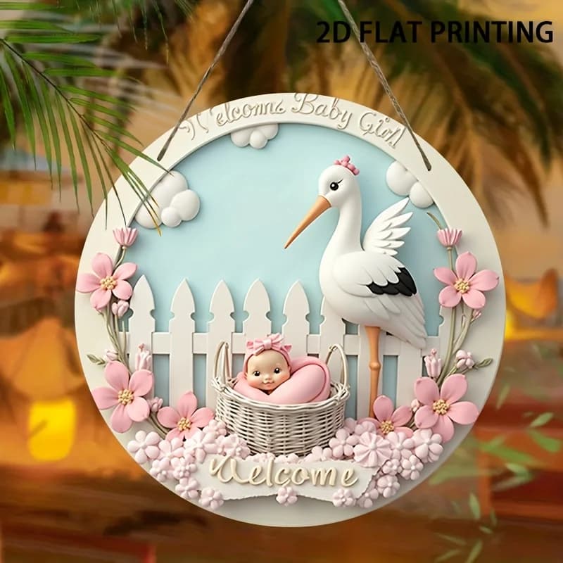 Piatto 2D, 1 pezzo di arte da parete rotonda per bambina di benvenuto - Cartello in legno vintage 20,32x20,32 cm con design cigogne e bambino in cestino, flusso rosa