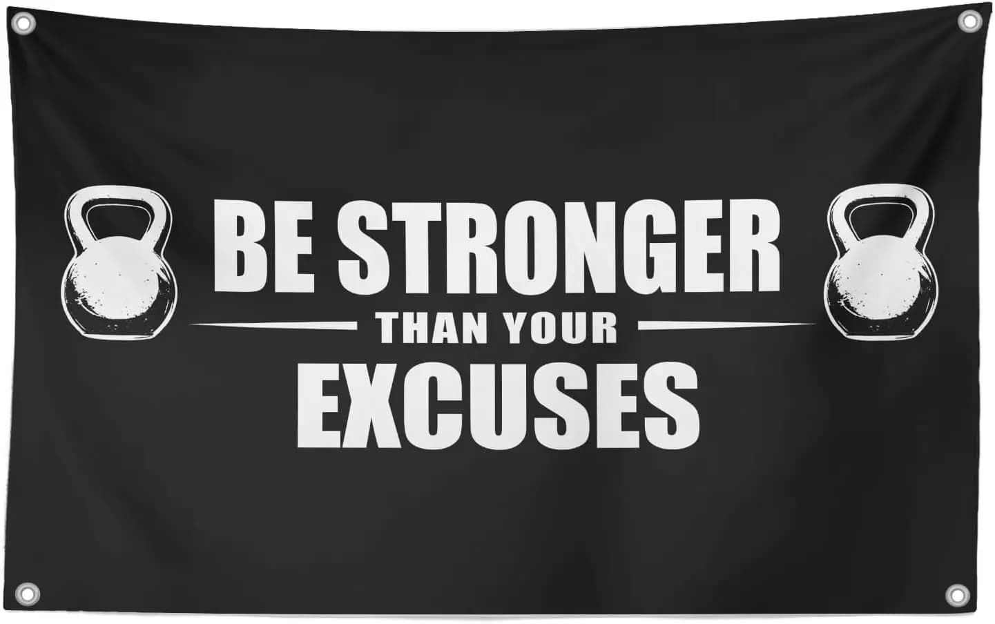 Tapestry Motivazionale per il Fitness - Banner da Palestra con Grafica Kettlebell e Scritta 'Be Stronger Than Your Excuses', con Occhielli per Palestra Domestica