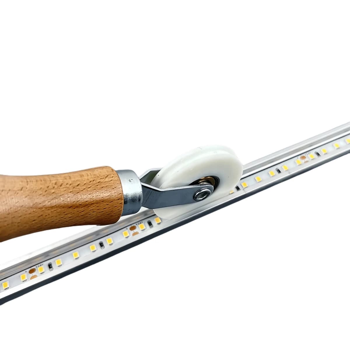 Strumento a rullo in plastica con manico in legno per strisce luminose a LED, installazione in diffusore in alluminio e compressione che fissa la copertura del PC