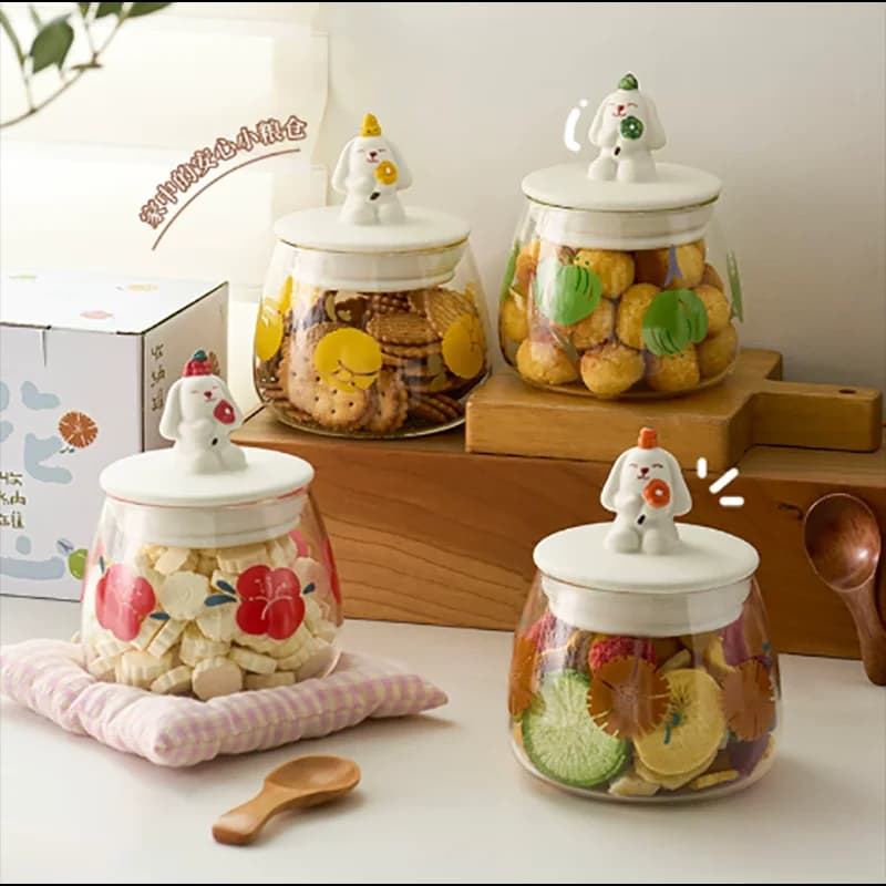 Creative Glass Bunny Sealed Jar Cute Flower Moisture-Proof Jar Multi-Functional Home Storage for Snacks Coffee Beans and Herbs