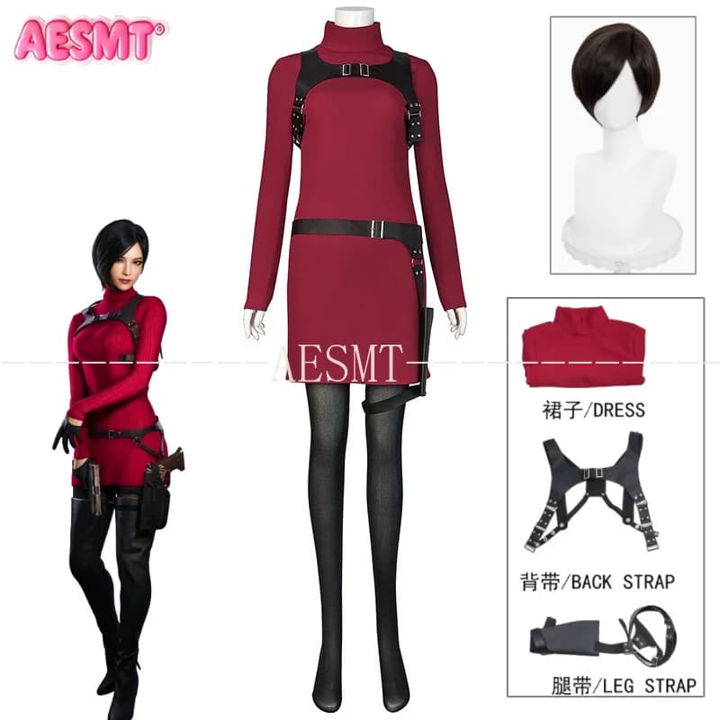 Ada Wong Resident Evil 4 Cosplay Costume Red Bodysuit Jumpsuit Full Set For Women Halloween Party Role Play Outfit