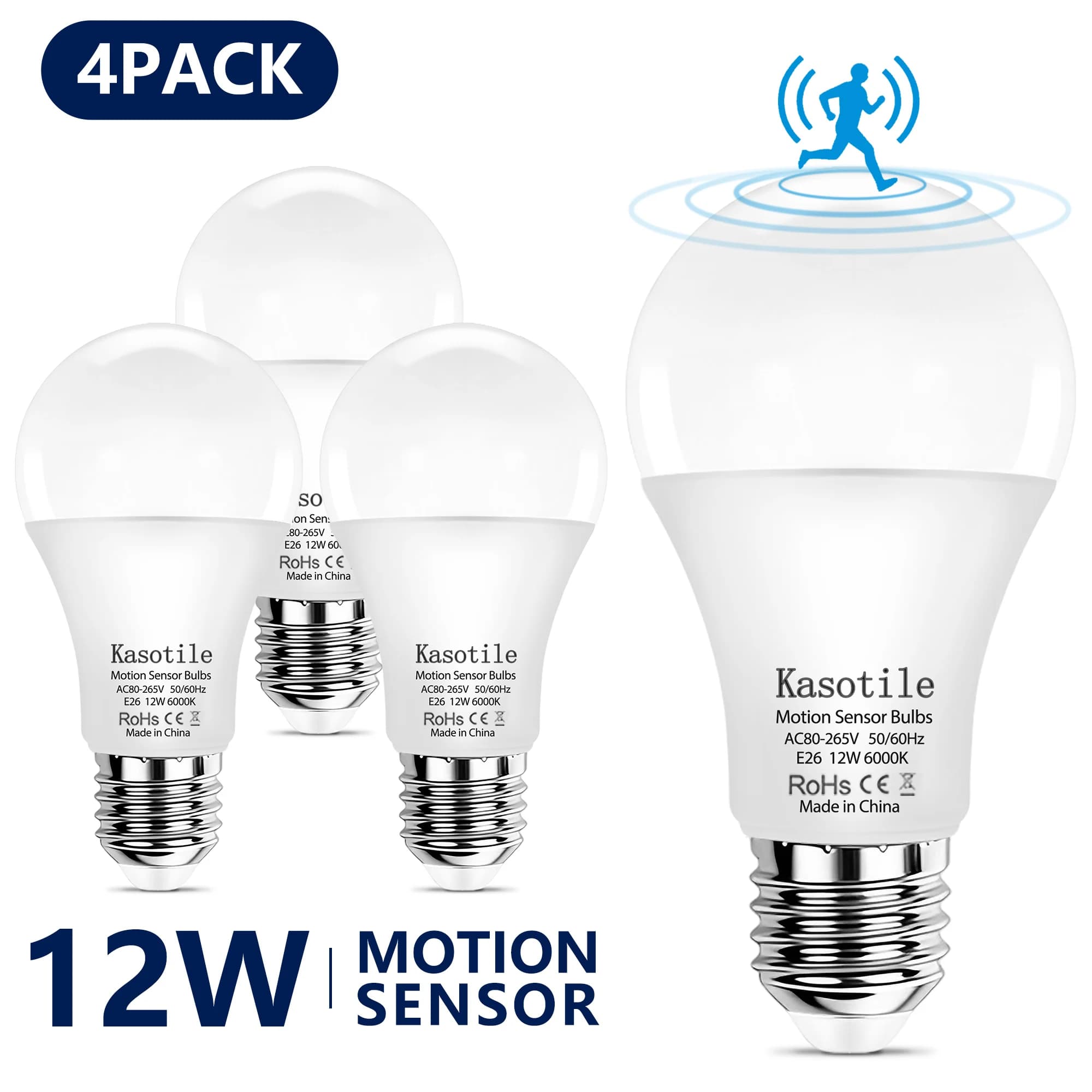 Kasotile 4PCS Led Bulb Motion Sensor A21 80-265V 12W Light Bulb Auto On Off Sensor Infrared Motion Detect Night Lamp