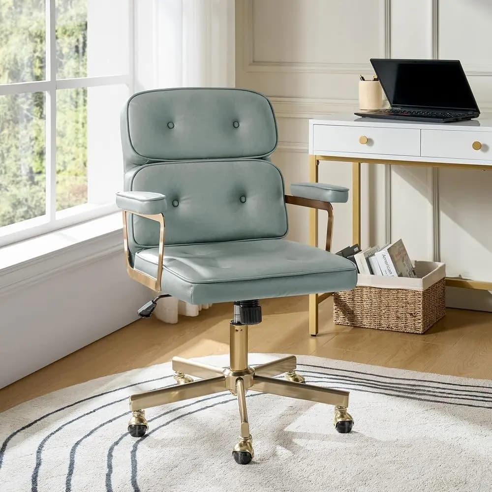 Sedia da ufficio in pelle verde salvia con gambe in metallo, sedia da scrivania ergonomica girevole imbottita con schienale inclinabile e braccioli imbottiti
