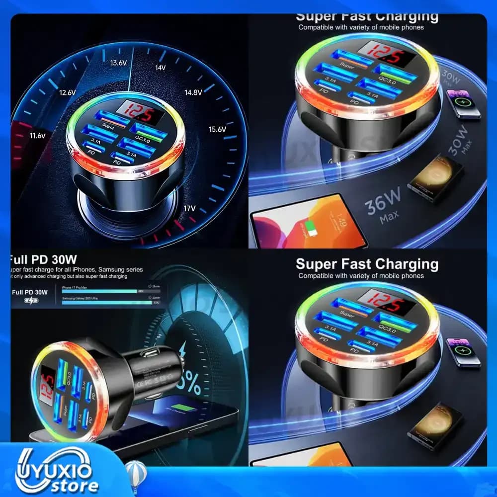 UYUXIO Caricabatterie da auto a ricarica rapida Doppia porta USB 250W Super Quick per iPhone iPad Samsung Oneplus OPPO Vivo Huawei Android