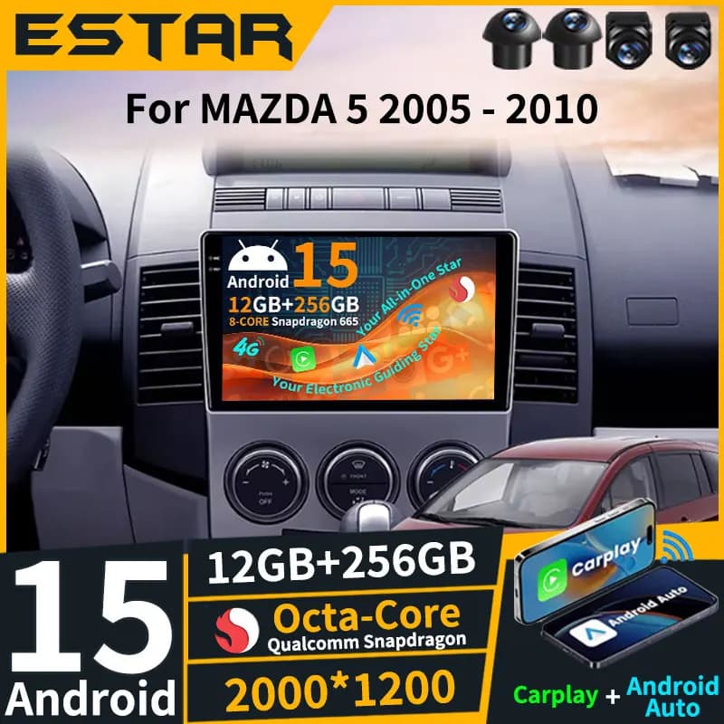 Wireless Carplay Android 15 For Mazda 5 2 CR 2005 - 2010 Autoradio WIFI BT GPS QLED DSP Stereo RDS 4G LTE Multimedia 360 Camera