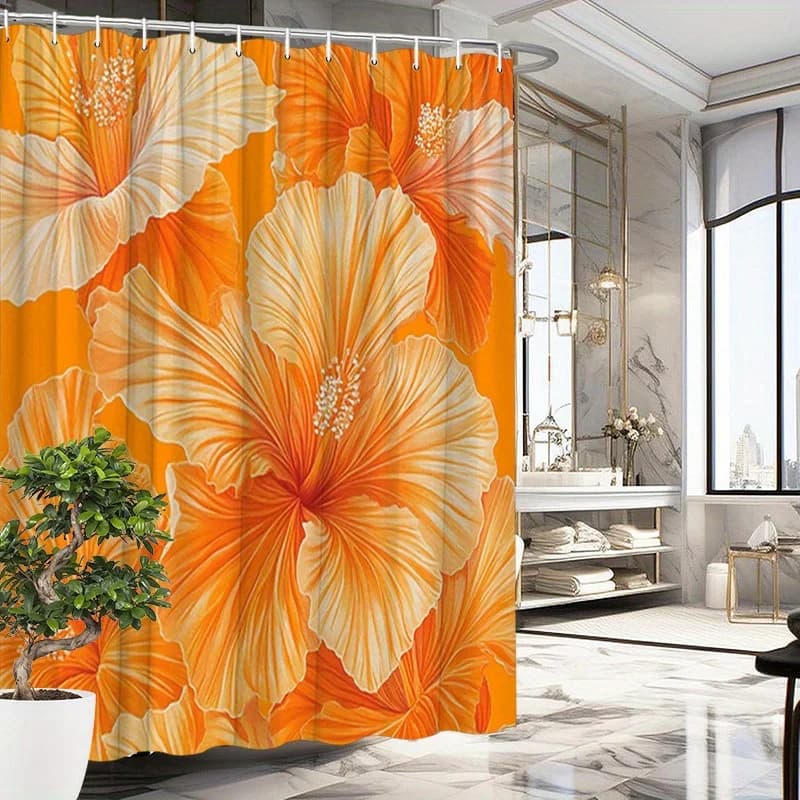 Tenda da doccia vibrante con ibisco: arancione audace e bianco, poliestere, facile da pulire, design floreale tropicale