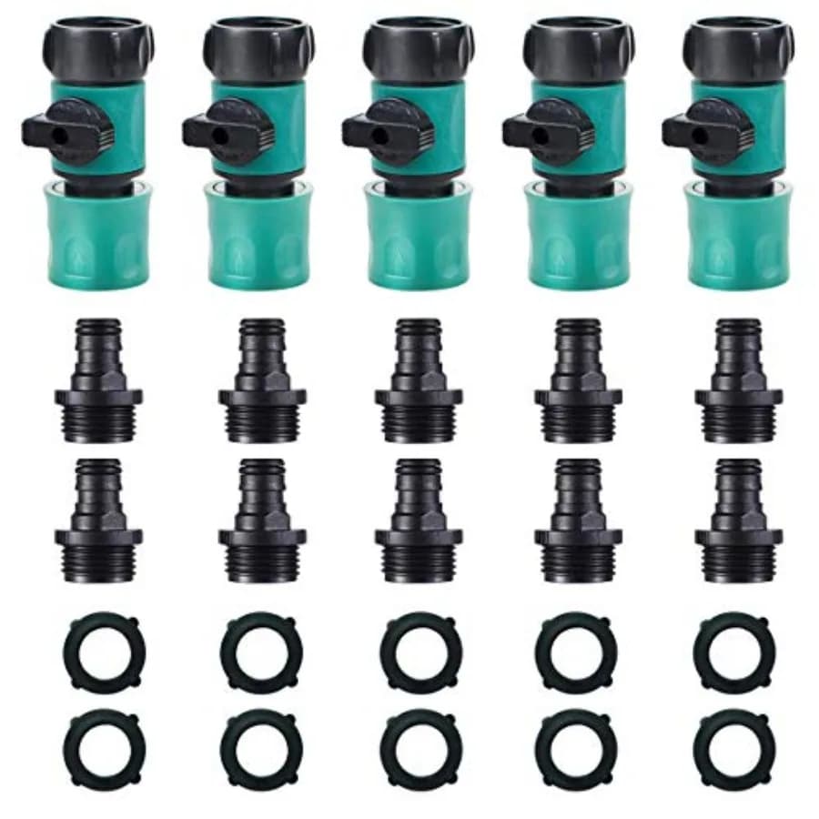 JUSONEY Valvola di Chiusura per Tubo - Connettori per Tubi da Giardino 5 Pezzi Connettore Rapido per Tubo con Valvola + 10 Rondelle in Gomma + 10 Connettori Maschio