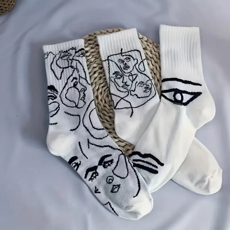 3 paia di calzini a tubo medio bianchi e neri, calzini autunnali e invernali alla moda, semplici, carini, personalizzati
