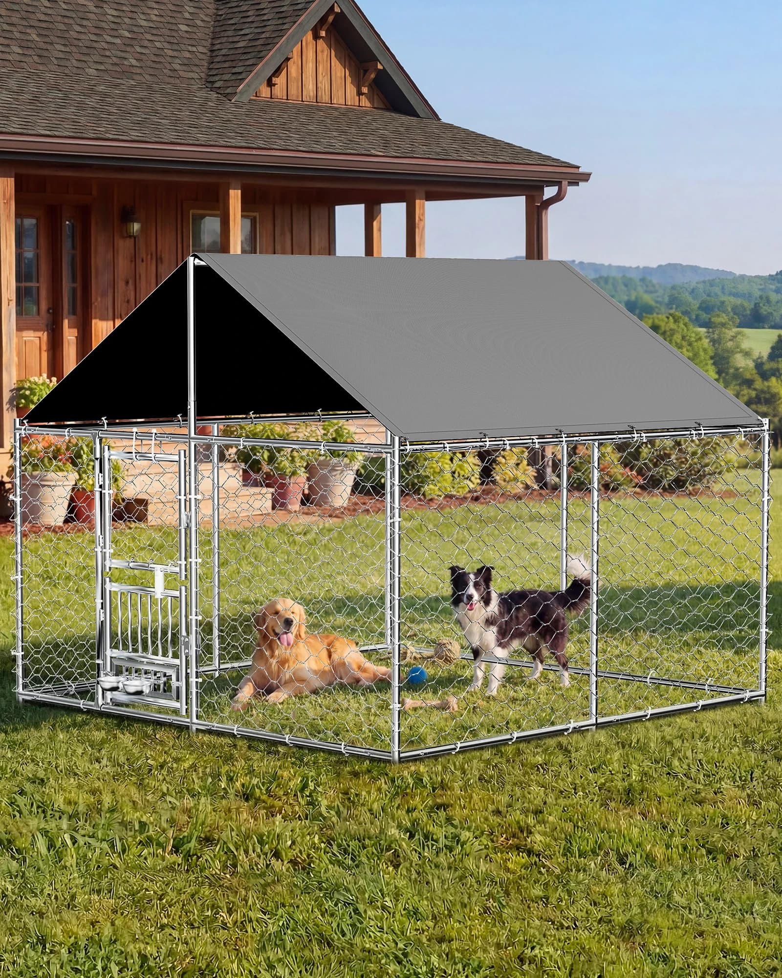 Recinto per cani da esterno grande 7,5 x 7,5 piedi con mangiatoia girevole, recinzione per cani resistente con tetto, box per animali domestici con doppie porte e chiusura sicura