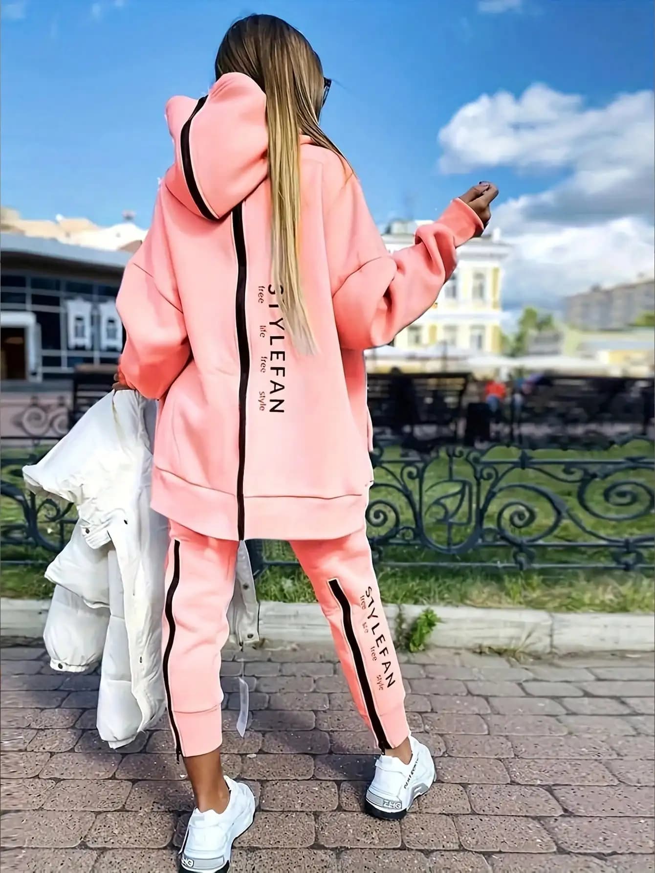 2026 Casual Sports Women 100% Polyester Knit 2 Piece Set Zip‑Up Hooded Sweatshirt & Zipper Hem Sweatpants Letter Print Tracksuit