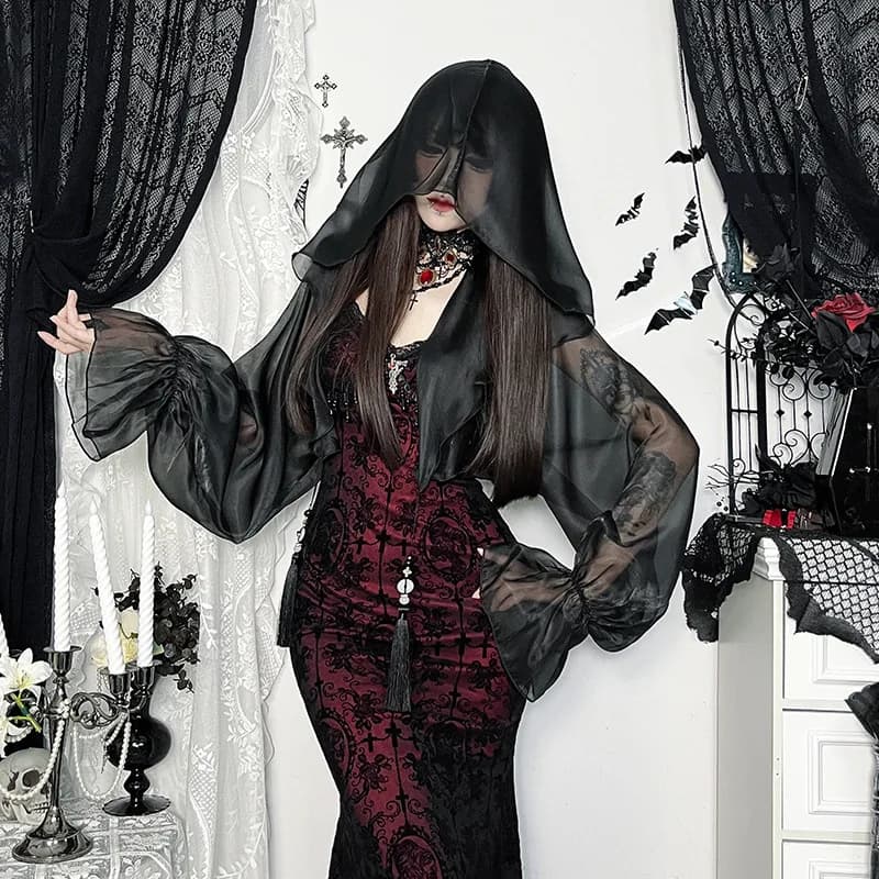 Dark See Through Holloween Nappa con cappuccio Grembiule Gotico Vacanza Felpe con cappuccio a maniche lunghe Partywear Moda Donna Mantello estivo Top