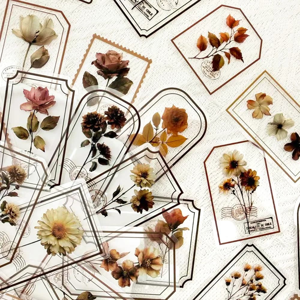 50Pcs Vintage Stamp Flower Transparent Stickers Decals For Phone Laptop Notebook Suitcase Guitar DIY Aesthetic Sticker