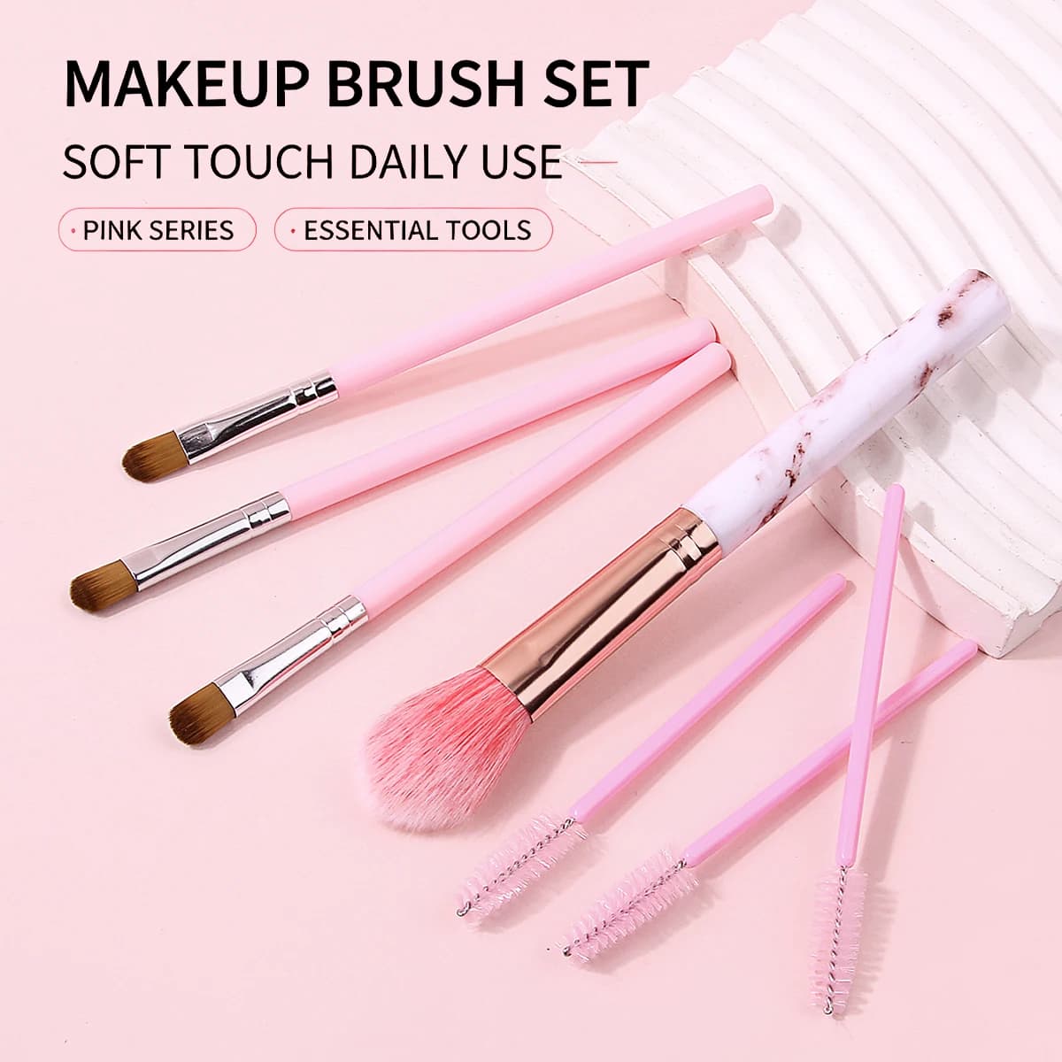 7Pcs Pink Makeup Brush Set Soft Cosmetic Brushes Blush Eyeshadow Eyebrow Spoolie Brushes Multifunctional Facial Eye Bea