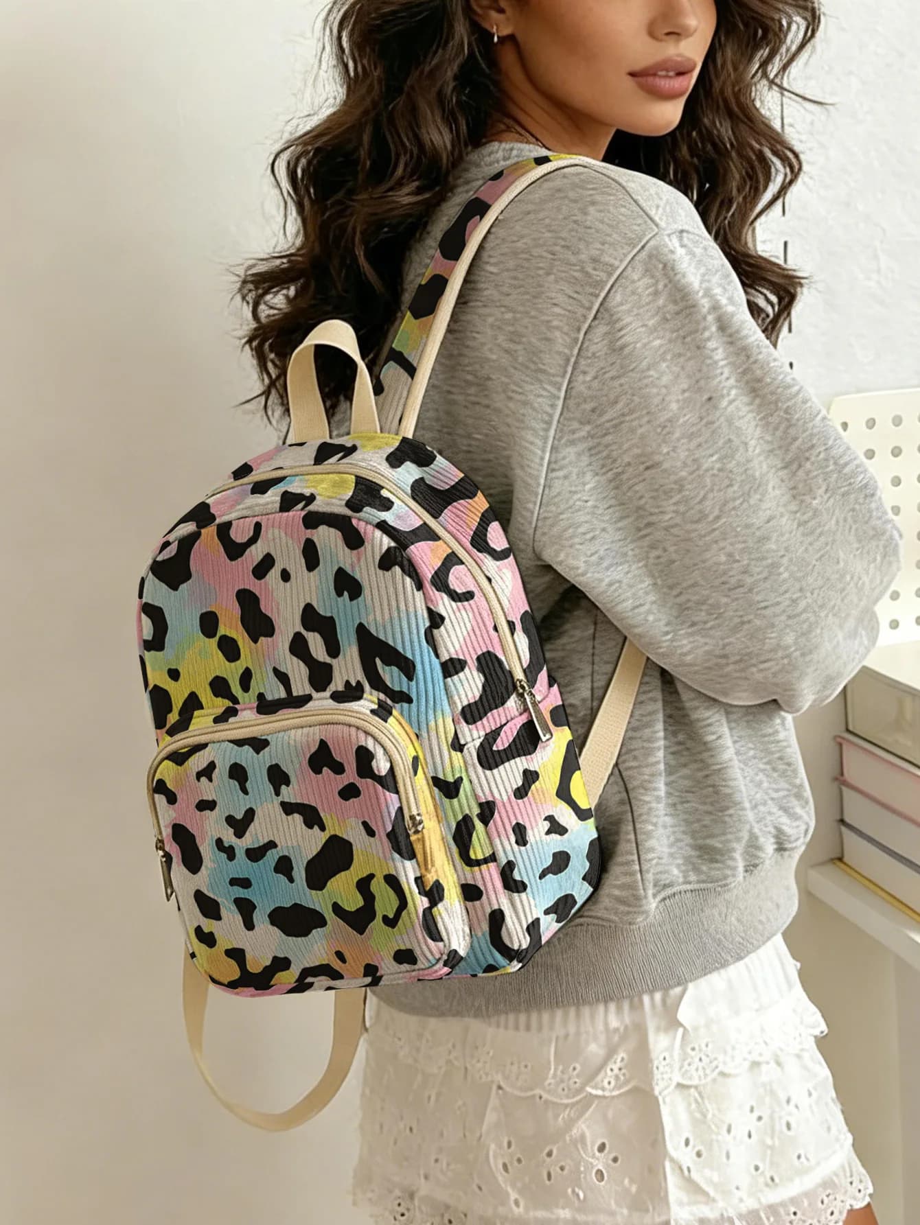 Pastel Rainbow Multicolor Leopard Print Backpack Corduroy Multi-pocket Large Capacity School Travel Daily Backpack