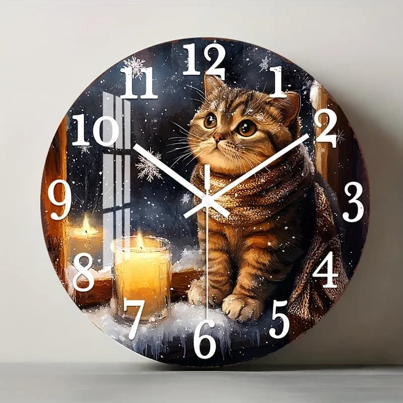 Orologio da Parete Piatto 2D in Legno, Silenzioso, Circolare, con Finitura Lucida HD, Design Gatto Invernale con Candele, per Ingresso