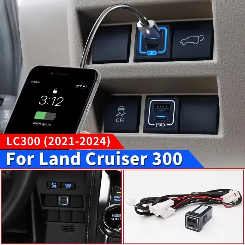 For Toyota Land Cruiser 300 LC300 FJ300 J300 2021-2027 Car USB Charger Adapter Fast Charging Socket Upgraded Accessories