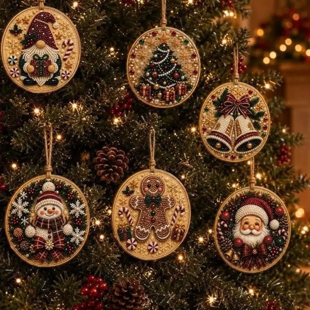 6PCS Christmas Theme Christmas Wooden Ornament Hanging Cord Various Festive Shape Diamond Painting Kit Natural Wood