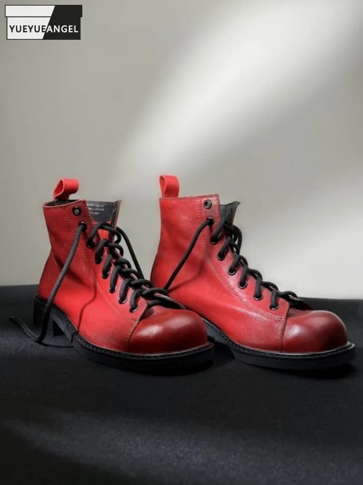New Female Comfortable Lace Up Mid Heel Round Toe Genuine Leather Ankle Boots Sheepskin Thick Platform Fashion Handmade Footwear