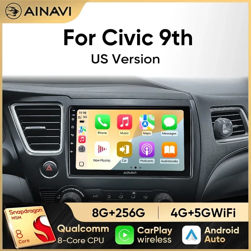 Autoradio Ainavi per Honda Civic 9 9a generazione US Sender Coupe, Carplay, Android Auto, Qualcomm, stereo per auto, lettore multimediale, DSP 48EQ, 2 DIN