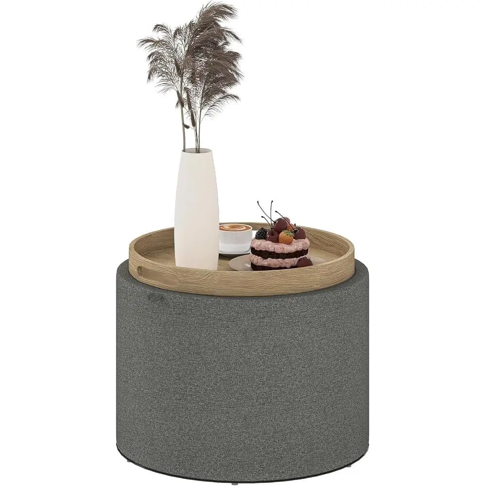 Pouf Rotondo in Tessuto con Vassoio, Poggiapiedi Imbottito, Tavolino Compatto, Sgabello Decorativo - Grigio